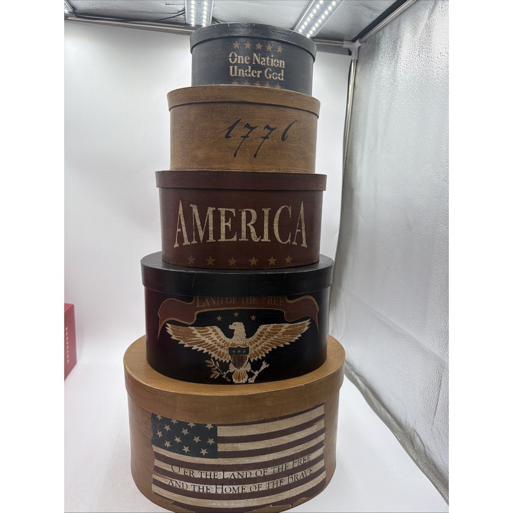 Vtg Set 5 Americana Folk Art Nesting Boxes Patriotic Eagle Handmade Exquisite